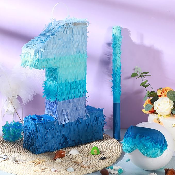 Sratte Number 1 2 3 4 5 6 7 8 9 Piñata with Stick Blindfold Confetti, Gradient Blue Piñata for Kids Boys Girls Birthday Party Anniversary Decorations Supplies(Number 1)