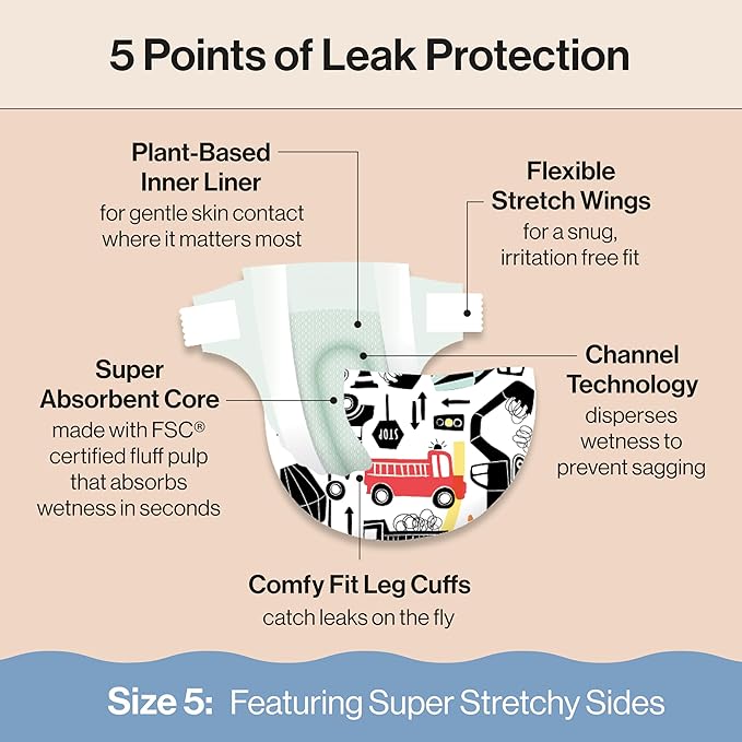 The Honest Company Clean Conscious Diapers for Delicate Skin | Up to 100% Leakproof | Hypoallergenic, Fragrance Free | Gender Neutral | Club Box, Size 5 (27+ lbs), 44 Count (Prints May Vary)