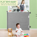 Retractable Baby Gate, Extra Wide Safety Kids or Pets Gate, 33” Tall, Extends to 71” Wide, Mesh Safety Dog Gate for Stairs, Indoor, Outdoor, Doorways, Hallways(33”x71”- Grey)