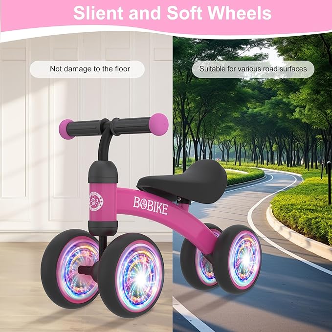 Baby Balance Bike Toys for 12-36 Months Kids Toy Boy and Girls Gifts Toddler Best First Birthday Gift Children Walker No Pedal Infant 4 Wheels Bicycle (Colorful, Rose Red-Light)