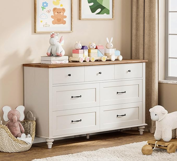 WAMPAT Kids Dresser with 7 Drawers for Bedroom, White Baby Dresser for Nursery & Kids Room, Mid Century Modern Chests & Dressers, Distressed Wide Dressers Organizer for Children’s Bedroom, 54 Inch