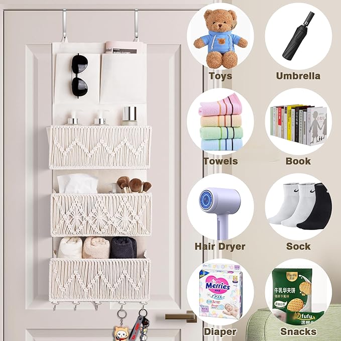 ANTIS'S HOME Over The Door Organizer Boho Bedroom Decor Nursery Storage with 3 Large Woven Pockets, Macrame Nursery Organizers and Toys Storage, Behind Door for Bathroom, Beige Back of Door Organizer