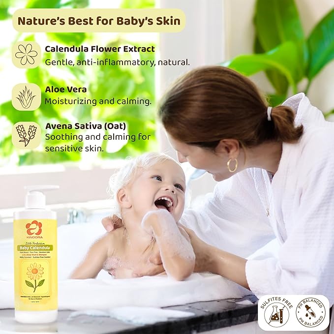 KINDORA 2-in-1 Baby Shampoo and Body Wash with Calendula & Oat – Gentle, Tear-Free & Hypoallergenic | Plant Based Cradle Cap Treatment | Organic, Vegan & Non-Toxic – 16.9 fl oz