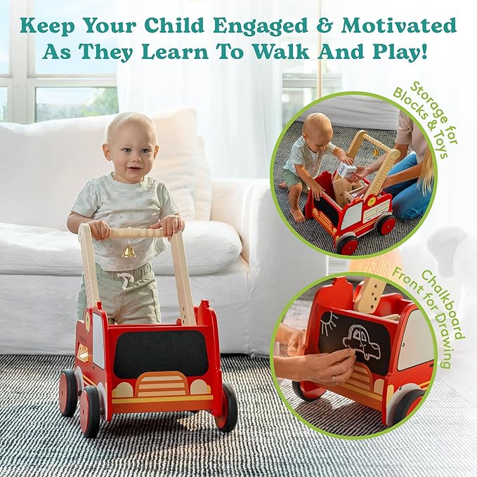 Wooden Baby Walker with Wheels - Baby Walkers for Boys Fire Truck Walker Baby - Walker for Baby Boy with Rigged Handles - Adjustable Height and Chalkboard on Wooden Activity Walker