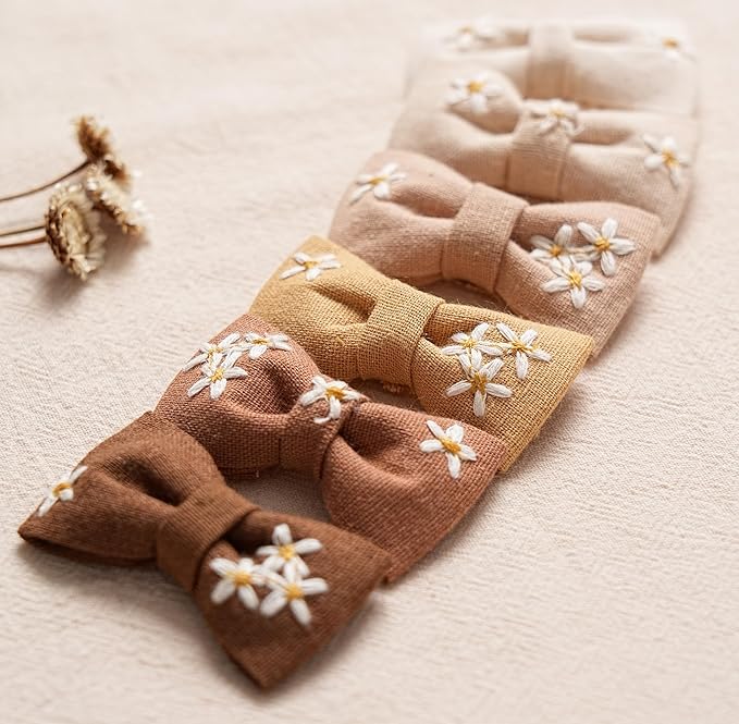 Baby Toddler Girls Hair Ties with Daisy Linen Bows,12 pcs No Damage Elastic Nylon Hair Bands Ponytail Holders,Small Hair Accessories Gifts for Girls Kids Children Thick Thin Hair