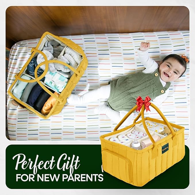 Baby Diaper Caddy Basket Organizer-Sturdy, Breathable & Washable - Stylish Storage, Portable, Car Caddy Organizer, Nursery, Baby Gift Registry Newborn Essentials (Yellow)
