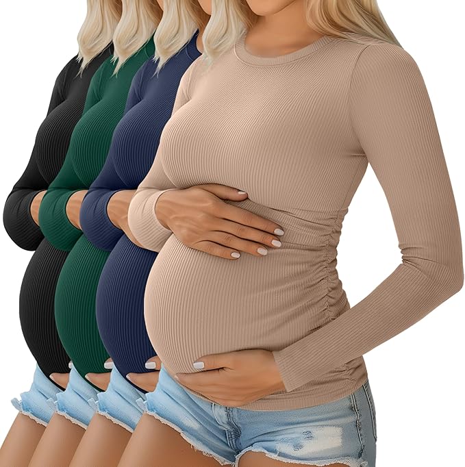 Ficerd 4 Pack Women's Maternity Shirts Cotton Long Sleeve Ribbed Crew Neck Pregnancy Tops Side Ruched Casual Mama Clothes