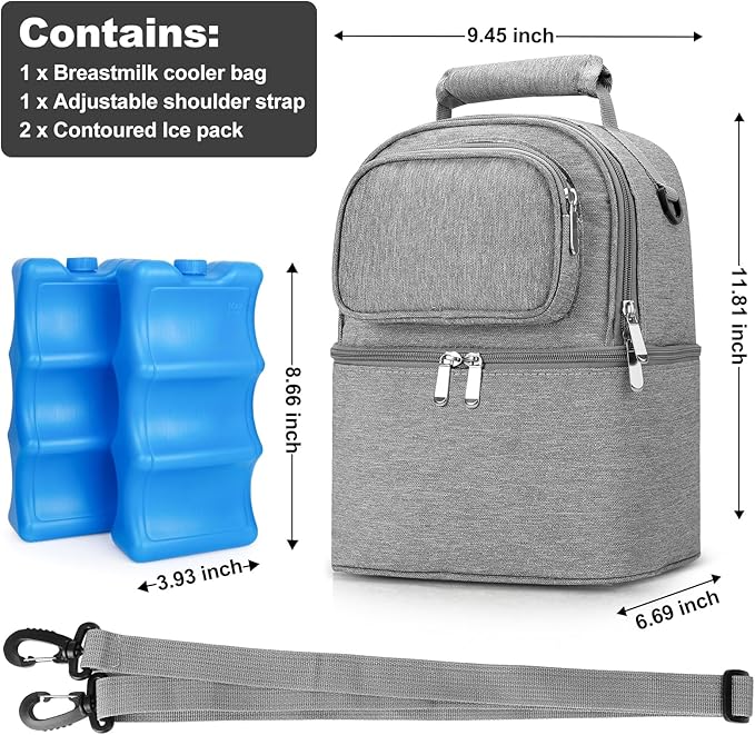 Breastmilk Cooler Bag with Ice Pack, Double Deck Breast Milk Storage for Breastfeeding, Nursing, Daycare, Insulated Lunch Bag with Strap
