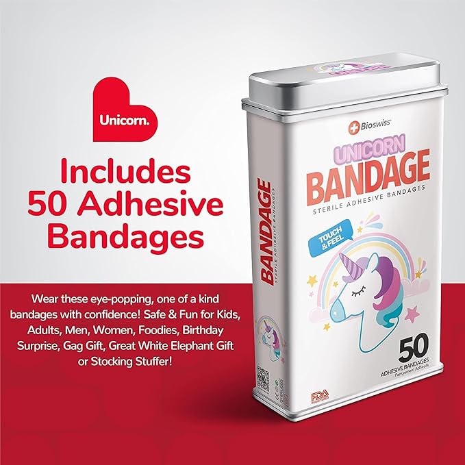 BioSwiss Bandages, Unicorn Shaped Self Adhesive Bandage, Latex Free Sterile Wound Care, Fun First Aid Kit Supplies for Kids, 50 Count