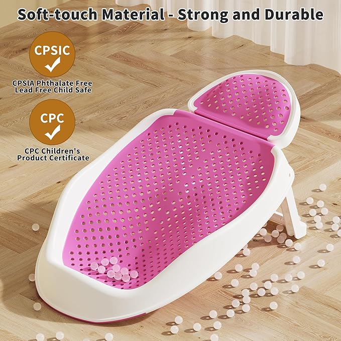 Baby Bathtub Support for Babies 0-6 Months, Foldable Portable Infant Bathtub, Ergonomic Mesh Baby Bath Tub, Pink