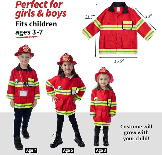 Born Toys 8 PC Premium Washable Kids Fireman Costume Toy for Kids,Boys,Girls,Toddlers, and Children with Complete Firefighter Accessories