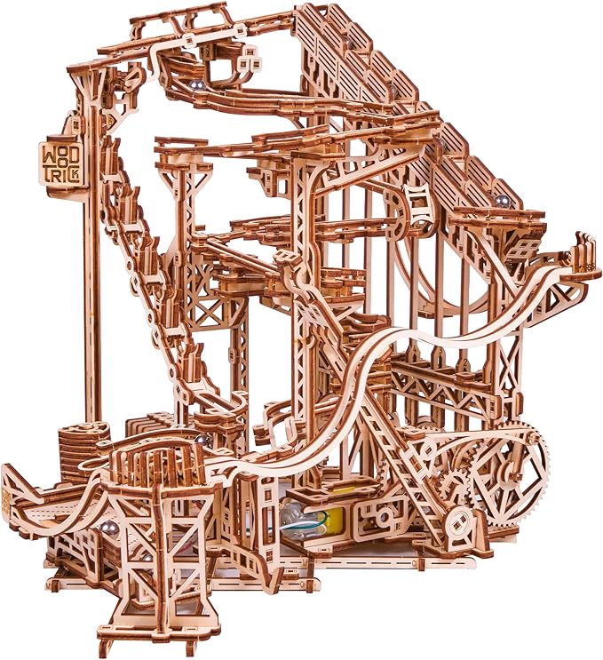Wood Trick Wooden Marble Run Spiral Electric Motorized - Wooden 3D Puzzles for Adults and Kids to Build - 13x13 - Roller Coaster Mechanical Wooden Model Kits for Adults and Teens to Build