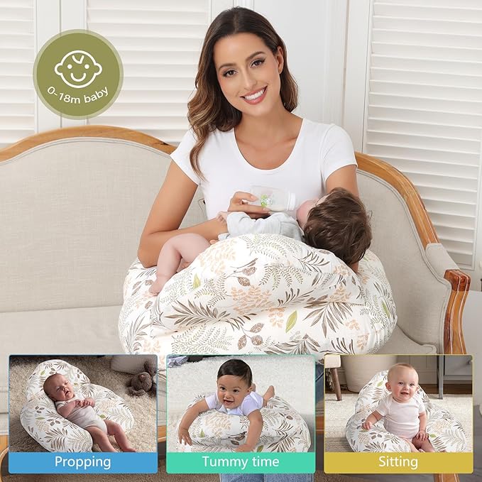 Nursing Pillow for Breastfeeding, Breastfeeding Essentials for Newborn, More Support for Mom and Baby, with Adjustable Waist Strap and Removable Cotton Cover (Big Leaves)