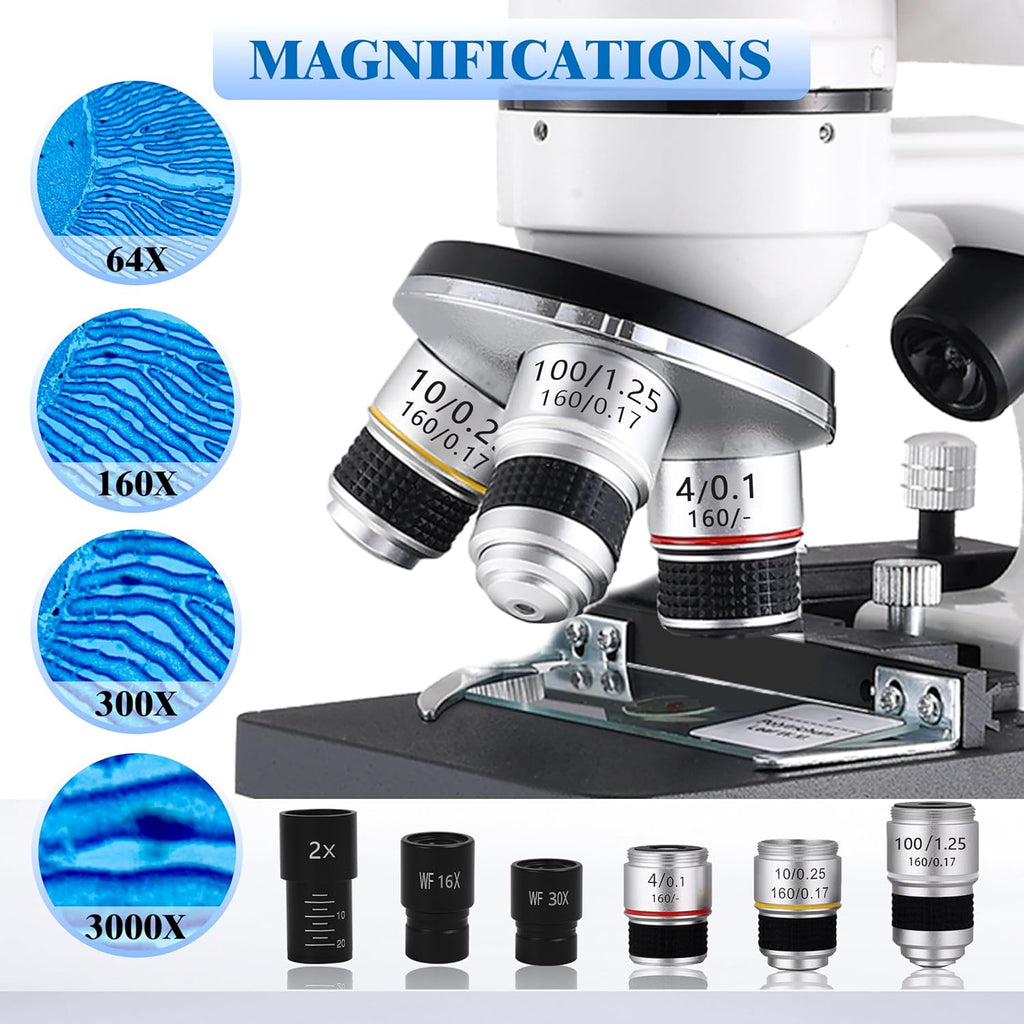 Binocular Microscope for Adults Kids Students, 64X-6000X Microscopes, 3 Objective Lens, Metal-Body Dual LED Illumination, Biological Compound Microscope Kit for School Lab, Homeschool