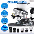 Binocular Microscope for Adults Kids Students, 64X-6000X Microscopes, 3 Objective Lens, Metal-Body Dual LED Illumination, Biological Compound Microscope Kit for School Lab, Homeschool