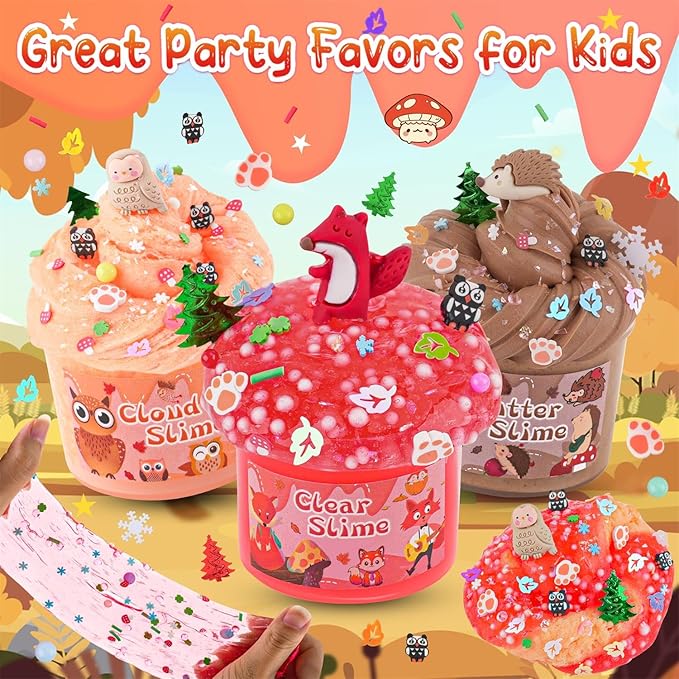 LAWOHO 6 Packs Forest Slime Kit - Clear, Butter, Cloud Slime Making Kit, Slimes for Kids with Animal Add-ins, 360ml Slimes Kits for Boys & Girls Birthday Halloween Christmas Easter Gifts Party Favors