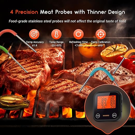 INKBIRD Dual Mode WiFi Wireless Meat Thermometer, 4 Probes with Clear LCD for Smoking, Bluetooth Meat Thermometer with Smart APP Control for Oven, Cooking