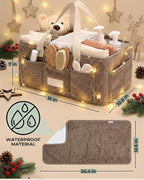 Baby Diaper Caddy Organizer with Portable Changing Mat - Teddy Fleece Diaper Organizer for Changing Table - Basket for Changing Essentials - Baby Essentials Organizer with Removable Dividers