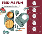 Bamboo Baby Feeding Set for Infants & Toddlers - Baby Essentials, Non-Toxic, Sustainable, Bamboo Suction Plate & Bowl, Bib, Sippy Cup w/Lid & Straw, Perfect Baby Shower Gifts (Pine Gray)