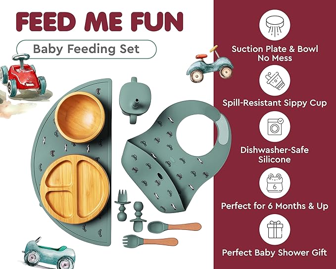 Bamboo Baby Feeding Set for Infants & Toddlers - Baby Essentials, Non-Toxic, Sustainable, Bamboo Suction Plate & Bowl, Bib, Sippy Cup w/Lid & Straw, Perfect Baby Shower Gifts (Pine Gray)