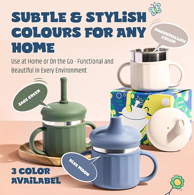 Jumble Dream Baby & Toddler Stainless Steel Sippy Cup Silicon Training Stainless Steel Kids Cups with Straw, Babies Tumbler with Straw No Spill | 6-24 Month Toddler Sippy Cup (Sage Breeze)