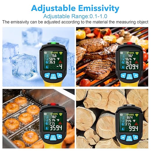 Infrared Thermometer Temperature Gun,-58°F to 1472°F Non Contact Digital IR Laser Thermometer Temp Gun with Probe & Humidity Measurement for Cooking,Griddle,Engine,HVAC,Adjustable Emissivity