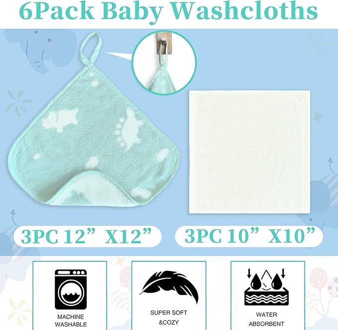 VOOVA & MOVAS 6 Pack 100% Cotton Baby Washcloths | 12x12 Inches | Highly Absorbent | Ultra-Soft Newborn Towels | Perfect Set |Dino & Ivory Colors