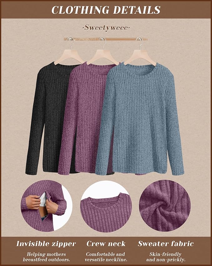 3 Pack Women's Nursing Long Sleeve Tops Breastfeeding Thermal Sweaters with Hidden Zipper Maternity Ribbed Shirts