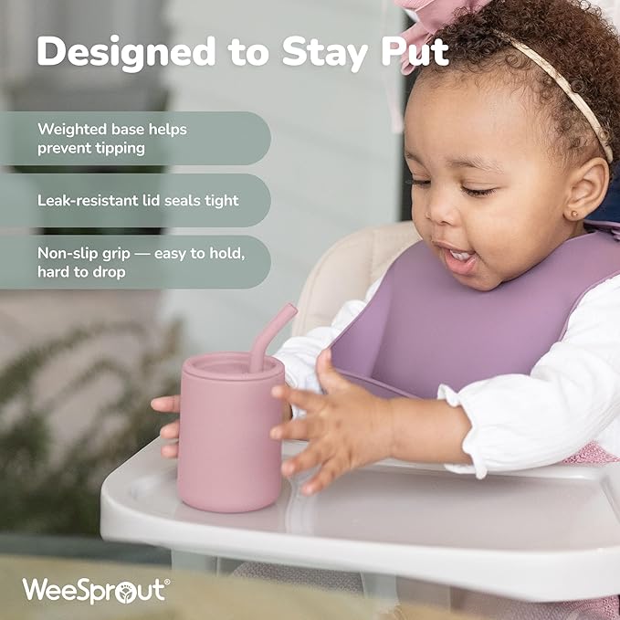WeeSprout Silicone Baby Cups With Straws and Lids, 4 & 8 oz Options, Set of 2, Food Grade Toddler Training Container, Built In Straw Stoppers, Measurement Markings, Dishwasher Safe + Straw Cleaner