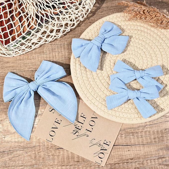 DEEKA 4 PCS Blue Cotton Linen Hair Bows 3 Styles 5" & 4" Handmade Hair Bow set for Toddler Girls Alligator Hair Clips Knot Bows Hair Accessories for Little School Girls (Blue)
