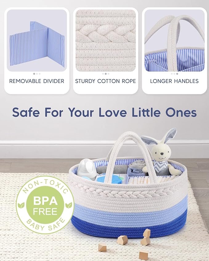 Maliton Baby Diaper Caddy Organizer, Cotton Rope Diaper Caddy Basket, Large Storage Basket for Newborn Boys and Girls, Gift for Baby Shower List, Newborn Essentials