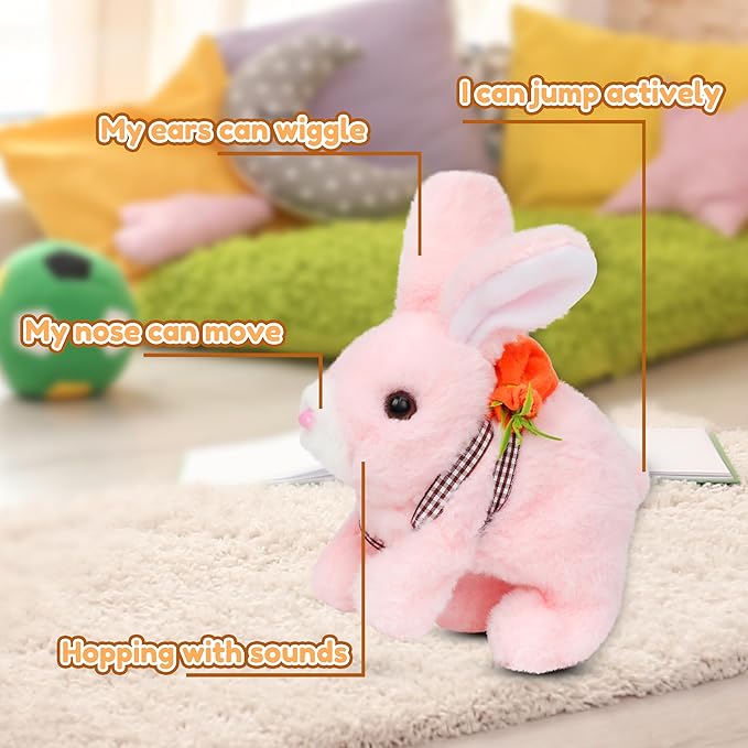 Easfan Hopping Pink Bunny Interactive Electronic Pet Plush Glowing Toy with Sounds Jumping Rabbit Ears Moving Educational Plush Toy Easter Birthday Gifts for Kids Girls, 7''