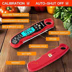 KULUNER TP-01 Waterproof Digital Instant Read Meat Thermometer with 4.6 Folding Probe Backlight Calibration Function for Cooking Food Candy, BBQ Grill, Liquids,Beef（Red）