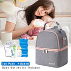 Breastmilk Cooler Bag with Ice Pack Fits 6 Baby Bottles up to 9 Ounce, Breast Milk Pump Cooler Bag with Shoulder Strap for Nursing Mom Daycare, Work, Travel- Grey