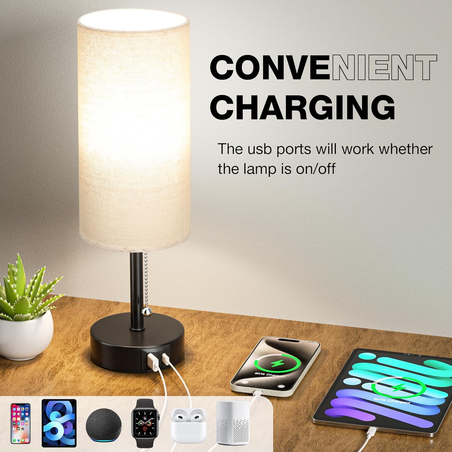Bedside Lamps for Bedroom Set of 2 - Nightstand Table Lamp with USB A + C Charging Port, 3 Color Temperatures Pull Chain Night Stand Light, Side Table Desk Reading Lamp for Living Room/Dorm Room