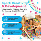 Wooden Tool Set for Sensory Bin (10 Piece), Child-Sized Montessori Sensory Toys for Developing Fine Motor Skills, Smooth Wooden Toys, Bin Scoops and Tools