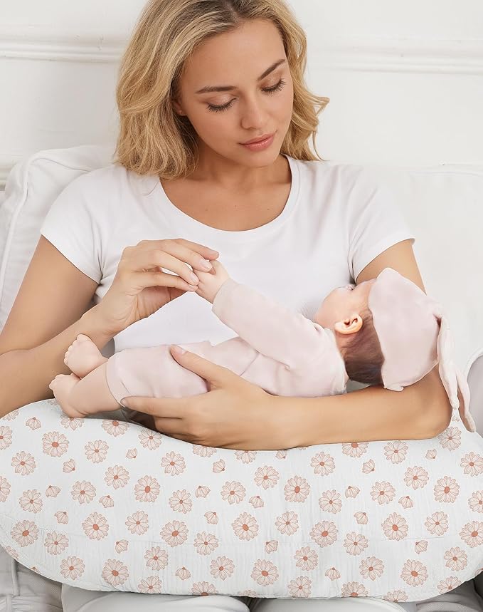 Nursing Pillow Covers 2 Pack, Muslin Nursing Cover for Breastfeeding Pillows, Comfortable for Baby Girls and Boys (Dusty Rose & Flower)