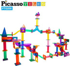 PicassoTiles 200pc Magnetic Marble Run Tiles Toy STEM Educational Race Track with Light Up Marbles Magnet Tile Building Blocks Maze Kit Sensory Pretend Play Toys for Toddlers Boys Girls Ages 3+ PTG200