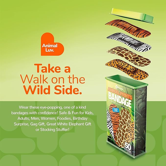 BioSwiss Bandages, Animal Print Shaped Self Adhesive Bandage, Latex Free Sterile Wound Care, 50 Count