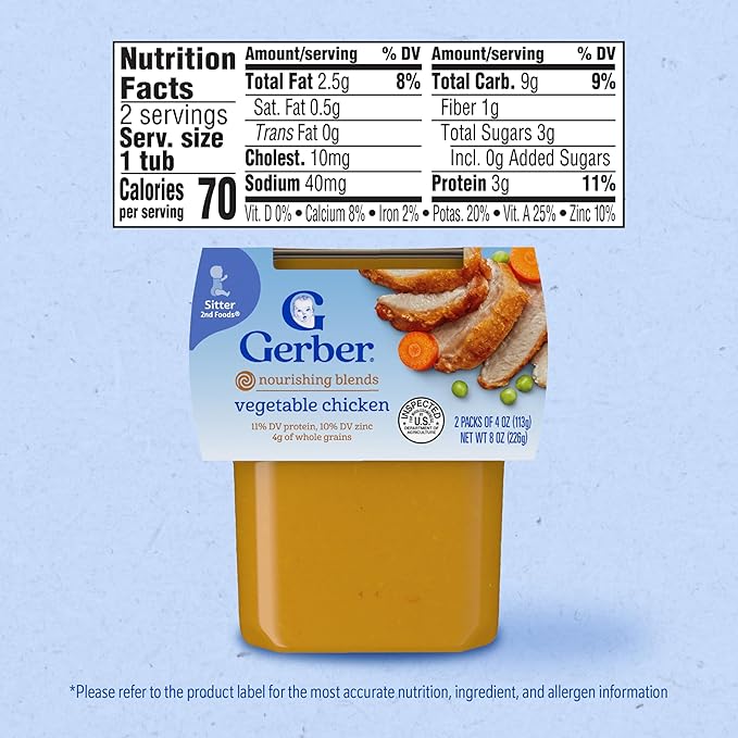 Gerber Baby Food 2nd Foods, Dinner, Vegetable & Chicken Puree, 4 Ounce Tubs, 2-Pack (Pack of 8)