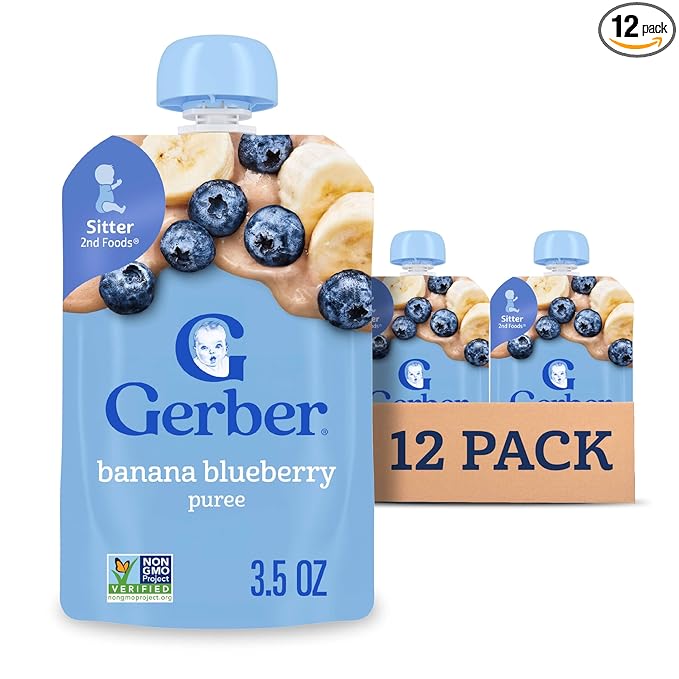 Gerber Stage 2 Baby Food, Banana Blueberry Puree Pouch, 2 Servings of Fruit, No Added Sweetener, No Artificial Colors or Flavors, 12-Pack