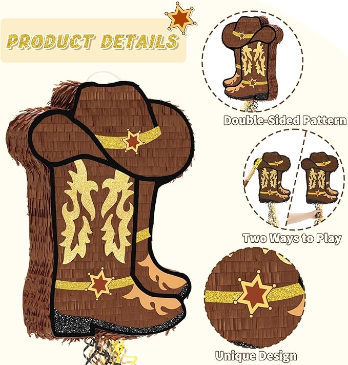 WERNNSAI Western Cowgirl Boot Piñata - Cowboy Hat Pinata Game Western World Theme Party Decorations for Adults Kids Birthday Farm Horse Rodeo Party Supplies with Bat Blindfold