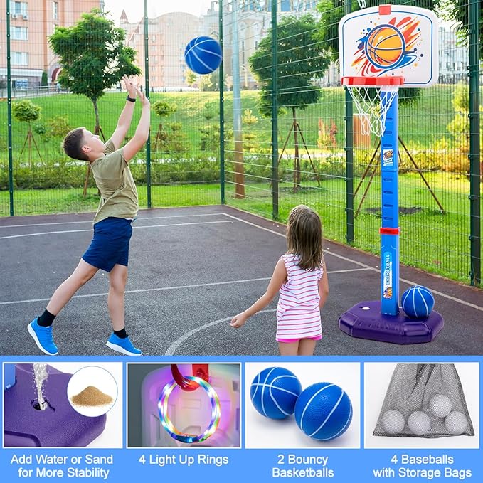 Meland Toddler Basketball Hoop, 4-in-1 Kids Basketball Hoop with Tball Set for Toddler & Baseball Pop Up Machine, Basketball Goal for Kid Sport Toys Indoor Outdoor Play Birthday Gift for Kids Toddlers
