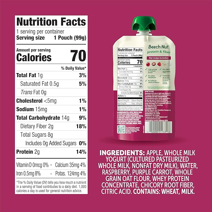 Beech-Nut Baby & Toddler Food Pouches with Protein and Fiber, Apple Yogurt Raspberry Purple Carrot & Oat Puree, 3.5 oz (12 Pack)