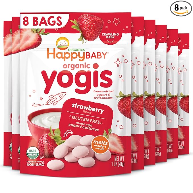 Happy Baby Organics Yogis Freeze-Dried Yogurt & Fruit Snack, Strawberry, 1 Ounce (Pack of 8) packaging may vary