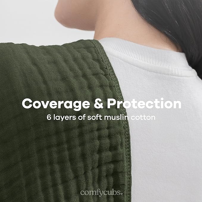 Comfy Cubs Muslin Burp Cloths 20" x 10", Pack of 6 - Large, 6-Layer, Ultra Absorbent 100% Cotton for Baby Drool and Messes - Soft, Safe & Gentle Baby Burp Cloths Set for Boys & Girls - Kelp