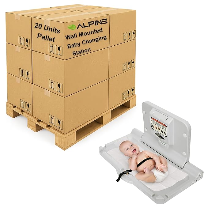 Alpine Wall Mounted Baby Changing Station - Pallet of 20 Units Horizontal Baby Changing Table Foldable Diaper Tables with Safety Strap & Installation Hardware for Commercial Bathroom, ADA Complaint
