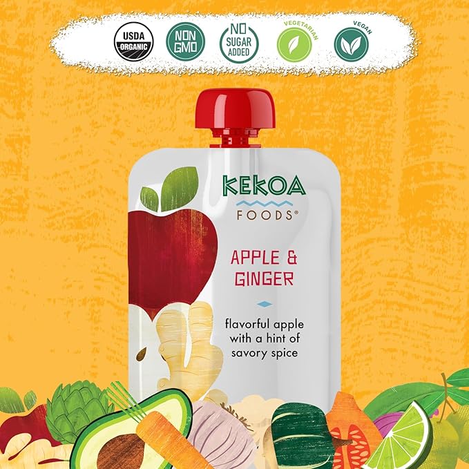 Kekoa Foods Apple & Ginger Baby Food Purée | 100% USDA Certified-Organic, No Sugar Added | Organic, Non-GMO, Gluten-Free, Vegan | Mild Ginger for Flavor Development | 3.5 oz Squeeze Pouch