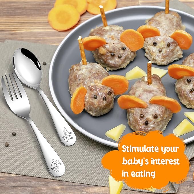 HaWare 8 Pieces Toddler Utensil Sets, Stainless Steel Kids Silverware Set Includes Toddler Forks and Spoons, Kids Safe Cutlery Set for Self Feeding, Cute Animal Handle Pattern, Dishwasher Safe