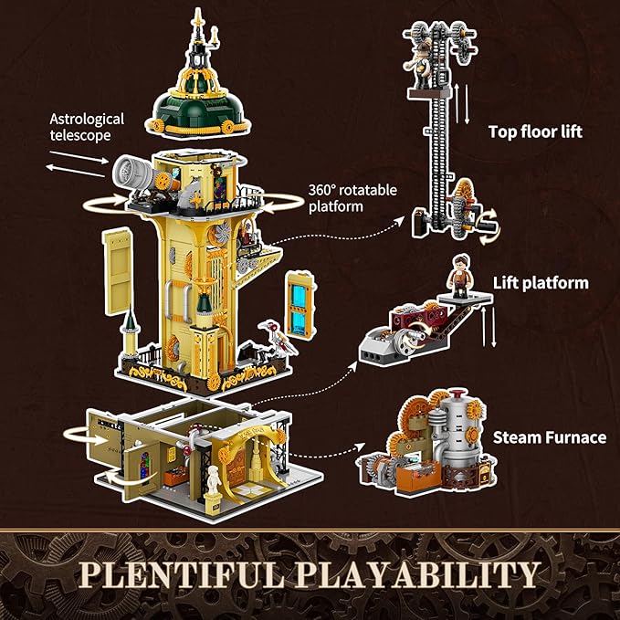FUNWHOLE Steampunk Observatory Tower Lighting Building-Bricks Set - Astronomy Tower 2744 Pcs Collection Display Set for Adults and Steampunk Lovers